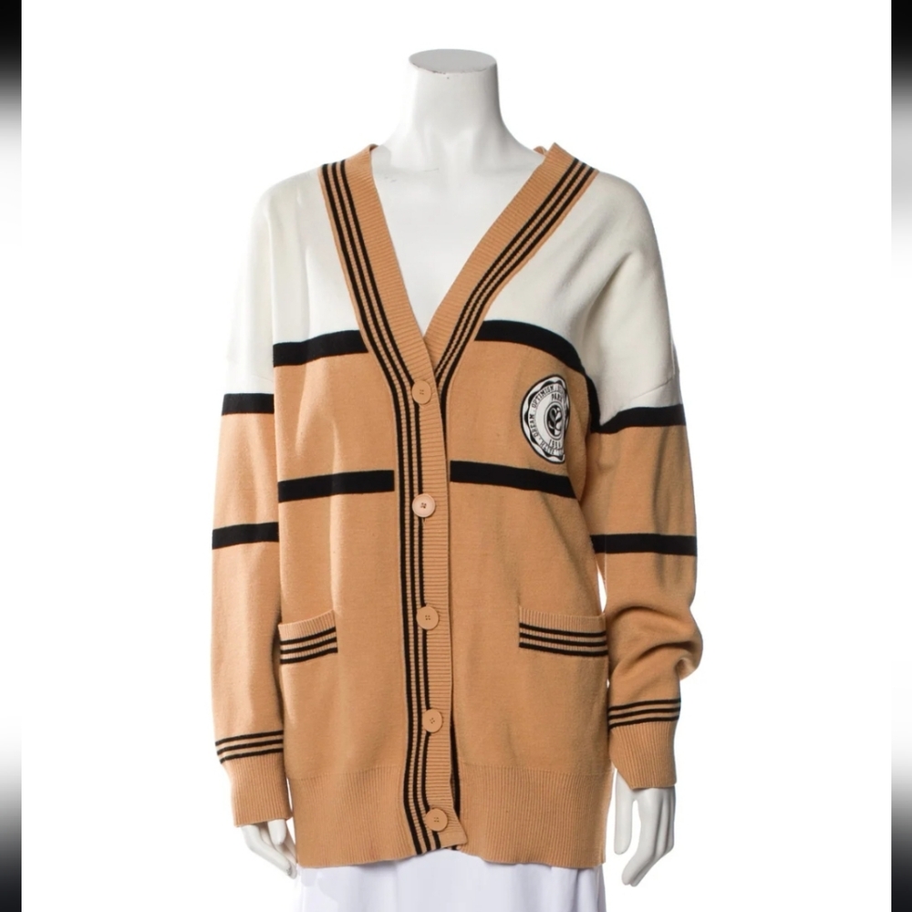 Sandro Tan and White Oversized Cardigan